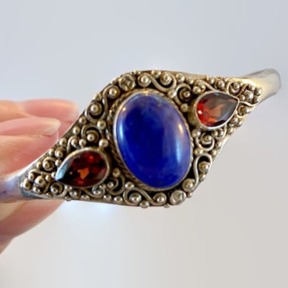 Blue Lapis Cuff, Red Garnet, Lapis Lazuli, Sterling Silver, Vintage Bracelet